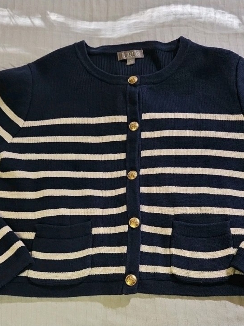 J.Crew Emilie Sweater Navy Stripe Knit Cardigan Women MED Button Cropped Natural